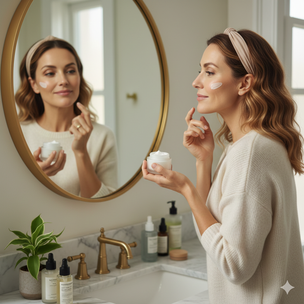 Woman applying collagen skincare cream